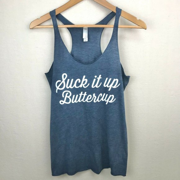Next Level Women's Medium "Suck It Up Buttercup" Racerback Tank in Indigo/White - Picture 6 of 11